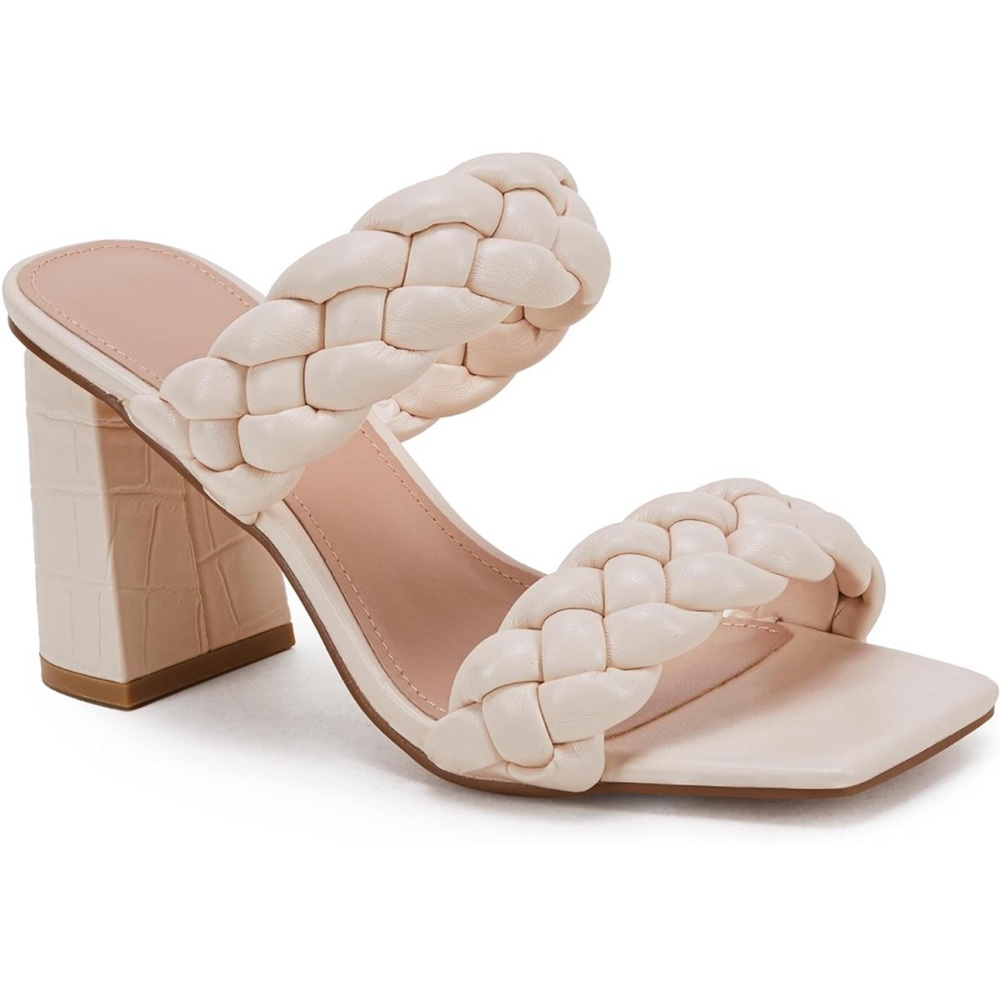 Women's Braided Heeled Sandals Backless Square Open Toe Block Slide Sandals